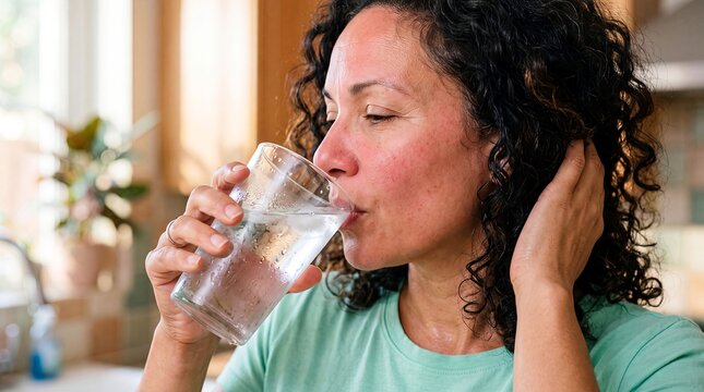 menopause hot flash woman hydration water cooling neck relief midlife Woman drinks a glass of water while touching her warm neck conveying heat management healthy habits and self care