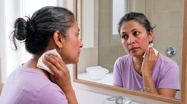 menopause hot flash woman cooling towel bathroom mirror sweating wellness Middle aged woman holds a cool cloth against her neck while studying her reflection conveying private relief and self care