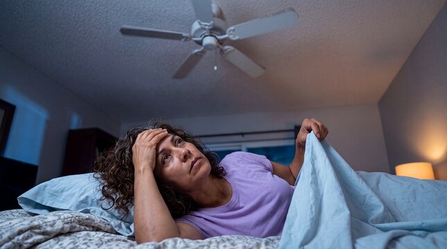 menopause insomnia woman night sweats bed awake fatigue sleepless discomfort Woman lies awake under a blanket in a bedroom with ceiling fan showing disrupted sleep overheating and discomfort