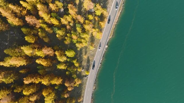 Aerial drone view of an asphalt road with cars driving near a lake surrounded by autumn forest. Scenic fall landscape for travel background and transportation. 