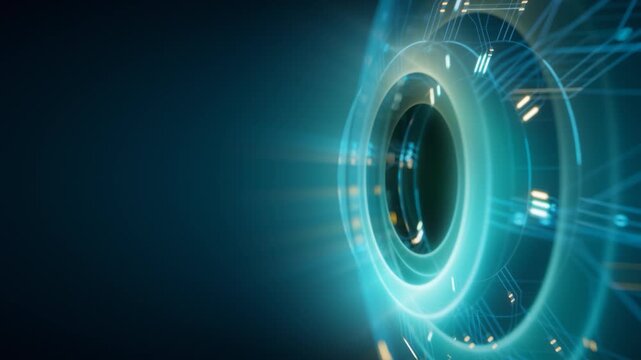 Abstract technology 3D circle CPU GPU circuit cyber futuristic concept. Right side 3D circuitry with large left copy space area. CPU processing Data HUD Screen animation