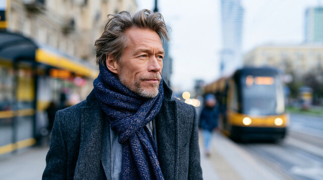 Photorealistic commercial stock photo, wide shot of a man in a wool overcoat and knit scarf crossing a Warsaw city street near a tram stop, cool winter daylight, brisk candid strid