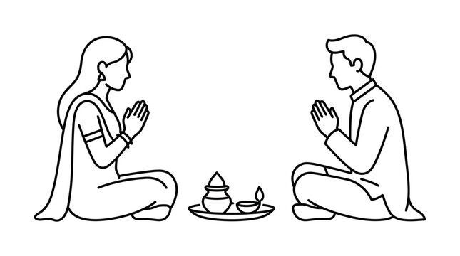 A line art illustration of an Indian couple performing a traditional prayer ritual.
