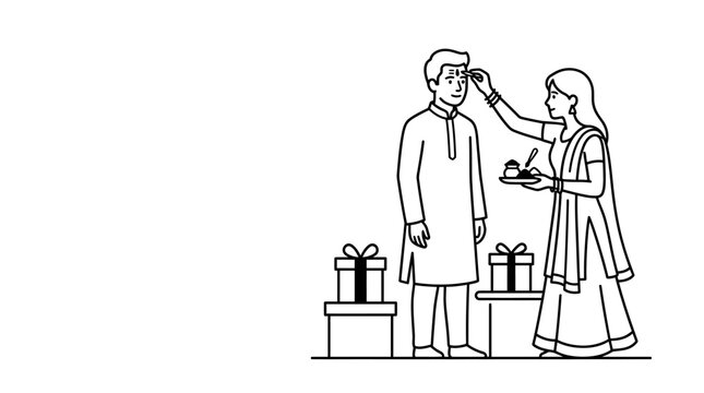 A line art illustration of a woman applying a tilak on a man during a traditional Indian festival.