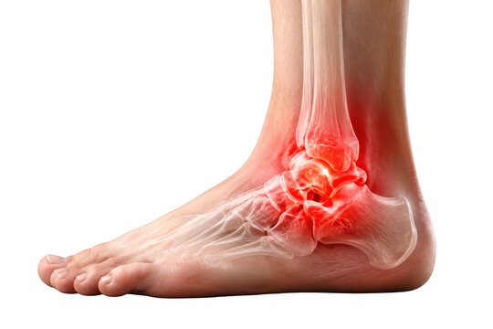 Ankle joint pain illustration showing a foot with highlighted inflammation and visible bones for medical, orthopedic, and injury concepts isolated on transparent background