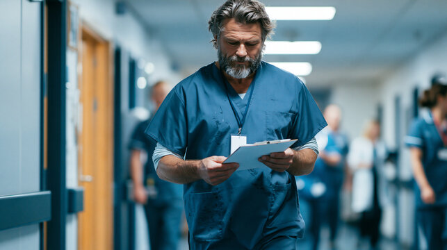 Photorealistic candid documentary lifestyle scene of a male nurse in his 50s walking purposefully through a busy hospital corridor, checking a clipboard mid-stride, wearing practic