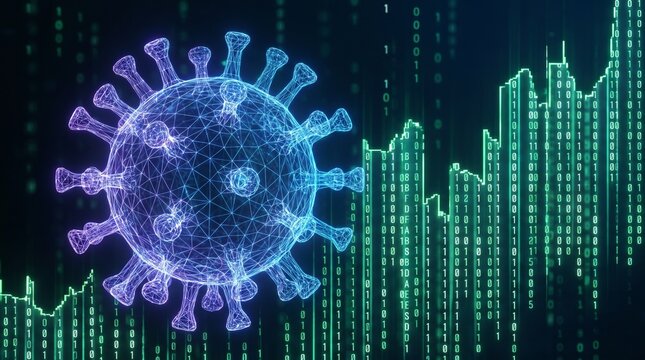A digital illustration of Digital cyber threat concept representing a computer malware virus with a wireframe particle and green binary code