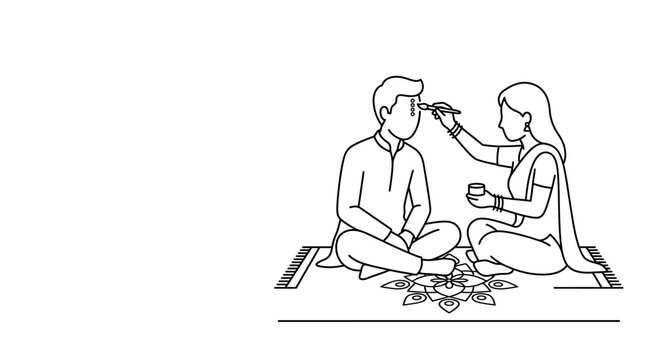 A line art illustration of a woman applying a tilak on a mans forehead during a traditional Indian festival.