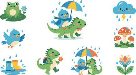 Obraz premium Cute Kawaii Rainy Day Vector Set Featuring Little Dinosaur, Blue Bird, Frog, Rainy Weather Clouds, and Colorful Umbrellas for Kids Graphic Designs