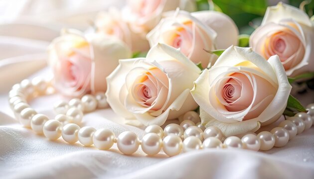 Coquette Pearls and Roses Composition Featuring White Pearl Necklace Strands and Fresh Pink Roses on Soft Silk