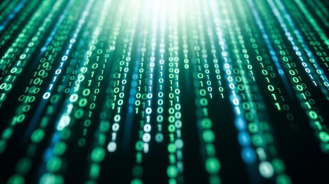 A digital illustration of Green glowing binary code digital rain representing cyberspace data flow