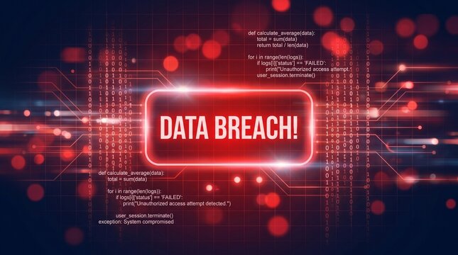 A digital illustration of Red glowing data breach warning sign with computer code representing system hack