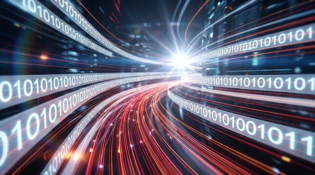 A digital illustration of Fast flowing digital data tunnel with glowing binary code trails representing internet speed.