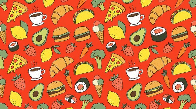 Seamless food pattern with fast food icons. Hand drawn doodle wallpaper on red background.