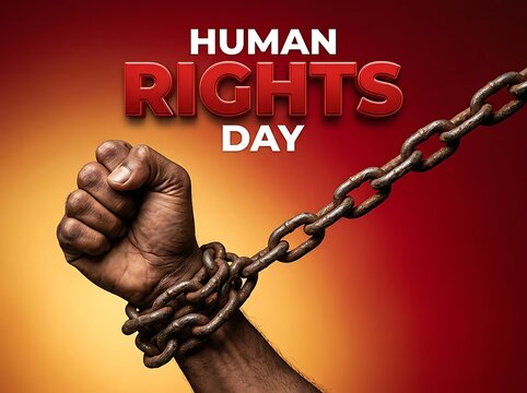 Powerful human rights day concept with clenched fist breaking chains symbolizing freedom and equality