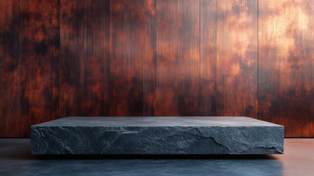 Premium luxury commercial display background featuring dark charcoal gray slate stone with rich texture and brushed copper metallic panels, moody high-end minimalist podium and top-down flat lay backg