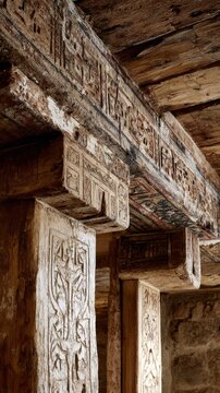 Ancient carved wooden beams and columns showing intricate hieroglyphic inscriptions and signs of age