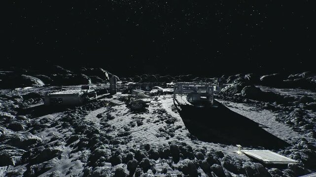 Moon crater field under starry sky, expansive rugged terrain with deep rim shadows, distant modules on horizon and scattered boulder fields offering raw