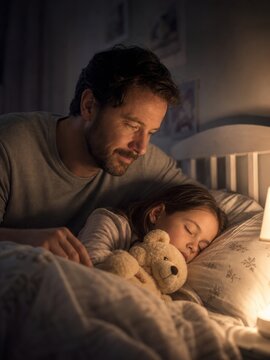 Father tucking daughter into bed at night, comforting her with teddy bear during bedtime