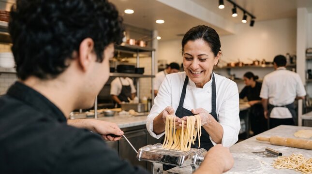 Commercial culinary photography of a professional chef and a woman preparing fresh handmade pasta with a traditional pasta machine &ndash; cooking masterclass advertisement, artisanal Italian restaurant mar