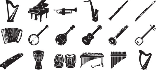 Premium Musical Instrument Silhouette Vector Bundle Featuring Classical Folk and Orchestra String Wind Brass Percussion Instruments Collection Set © Milon