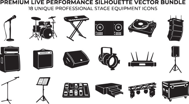 Premium Live Performance Stage Equipment Silhouette Vector Bundle Featuring Professional Audio Lighting DJ Concert and Event Production Icons Collection