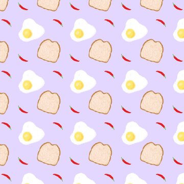 Cute breakfast seamless pattern with fried egg toast and chili