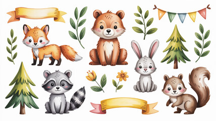 Fototapeta premium Adorable cartoon forest animals illustration set with fox bear rabbit raccoon squirrel illustration wildlife woodland creatures