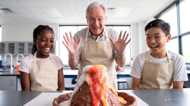 teacher students volcano experiment science classroom eruption chemistry learning diversity Older educator and two children react joyfully to a foaming eruption during an engaging hands on stem lesson
