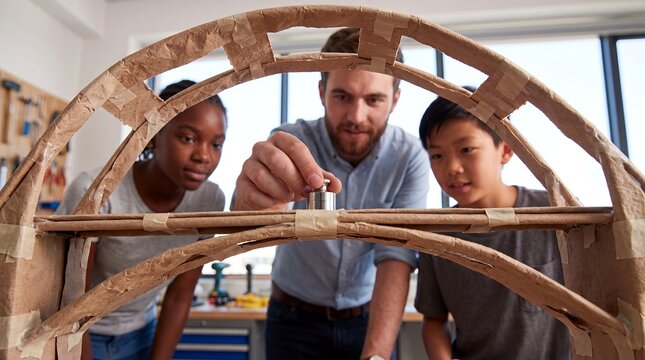 bridge engineering teacher students stem model testing classroom construction design An educator and two pupils test a cardboard bridge for physics education teamwork and engineering outreach