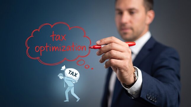 Tax optimization concept with businessman drawing red cloud, financial planning and tax burden reduction strategy, corporate wealth management