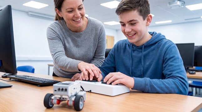 robotics teacher student coding technology robot classroom programming stem learning An educator guides a student using a control pad beside a robot for coding education and digital skills outreach