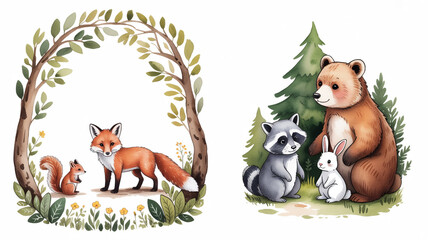 Fototapeta premium Illustration of a fox squirrel raccoon bear cubs in a forest setting with trees and plants bear cub forest floor wildlife conservation squirrel