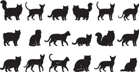 Fototapeta premium Premium Cat Silhouette Vector Bundle Featuring Domestic Feline Poses Standing Sitting Walking and Fluffy Pet Animal Collection Design Set
