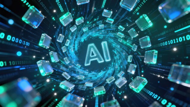 Glowing AI symbol surrounded by binary data stream and digital cubes, idea for artificial intelligence, machine learning, technology branding, website hero banner, or business presentation