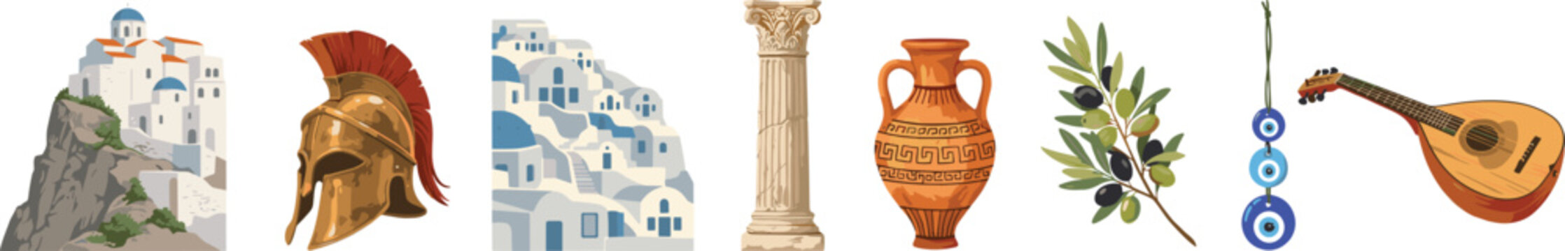 Greece Travel and Culture Icon Set Featuring Santorini Architecture Spartan Helmet Ancient Pillar Pottery Amphora Olive Branch Evil Eye and Bouzouki Vectors