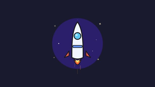 Clip of a stylized rocket taking off in a dark space environment with stars and a glowing planet visible .

