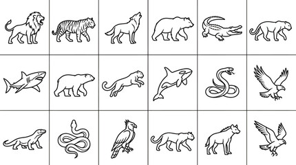 Obraz premium Set of various wild animal silhouettes and line art icons including lion, tiger, wolf, bear, crocodile, shark, whale, eagle, and snake for educational design and graphic elements collection