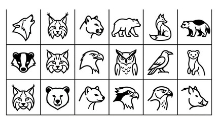 Naklejka premium Collection of various wild animal head and full body icons set in minimalist black and white line art style featuring wolf, bear, fox, owl, eagle and cat silhouettes on white background