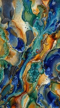 Dynamic abstract swirling patterns in vibrant blues greens oranges and browns with intricate textures and fluid motion