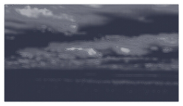 Abstract cloudy sky design with halftone dot pattern on dark blue backdrop.