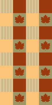 Cozy autumn plaid pattern with maple leaves, seamless terracotta and mustard yellow fall grid background