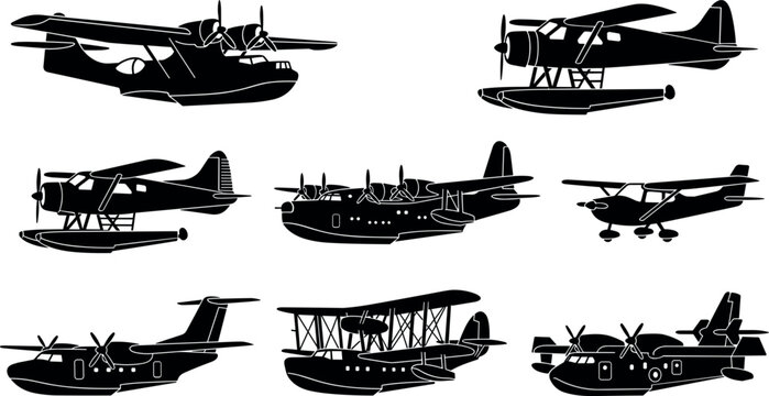 Seaplane and Amphibious Aircraft Silhouette Collection Featuring Vintage Flying Boats Floatplanes and Maritime Aviation Vector Icons for Transport Graphic Designs