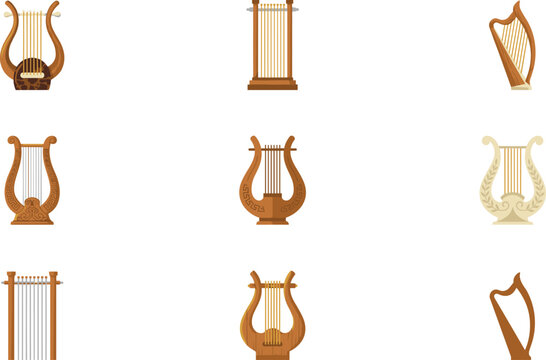 Ancient Greek Lyre and Classical Harp Musical Instrument Vector Icon Set Featuring Antique Kithara String Instruments for Historical and Mythology Designs