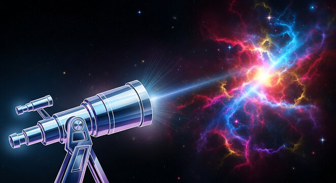 Silver telescope on tripod viewing colorful nebula in space with stars background full hd download 2025 2026