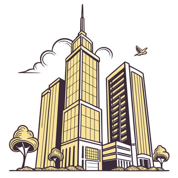 City skyline with tall yellow office buildings, trees, clouds, and a flying bird in a minimalist style on white background