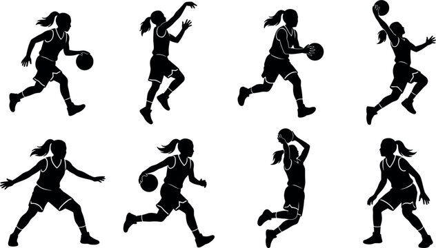 Female Basketball Player Silhouette Vector Set Featuring Women Athletes Dribbling, Shooting, Jumping, and Slam Dunking Actions for Sports Design Projects