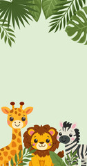 Obraz premium Cute giraffe, lion, and zebra with jungle leaves on green background