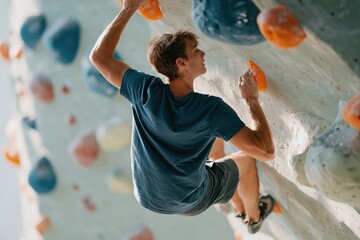 Fototapeta premium Young man indoor bouldering on a climbing wall for fitness poster background and sport training banner