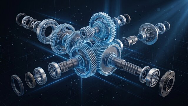 Exploded Technical View of Precision Engineering Industrial Gearbox Assembly Components and Mechanical Power Transmission System